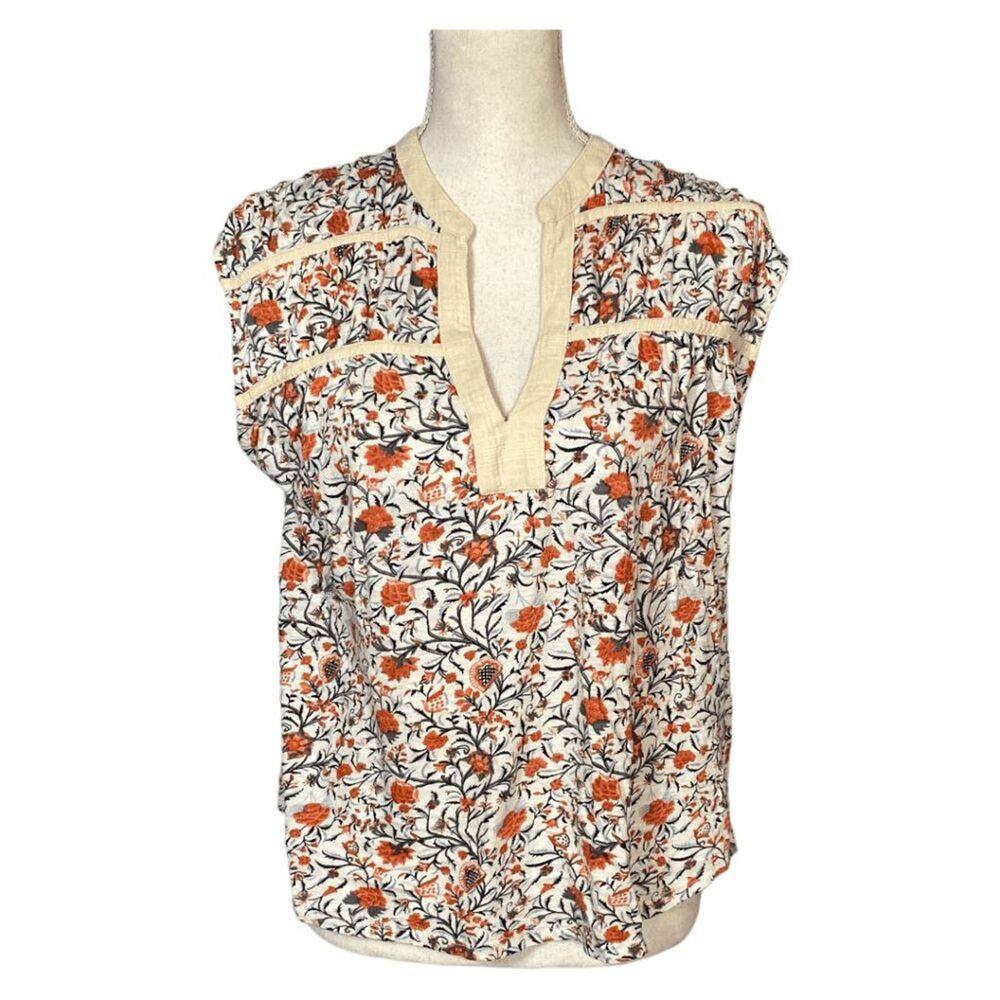 Lucky Brand Women's Orange & Cream Floral Print V-Neck Sleeveless Blouse Size S